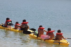 Children kayak at the Aquatic Center at Castaic Lake. Photo by Josh Hernandez.