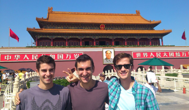 Andrew Javidi with fellow students in Tiananmen Square, Beijing.