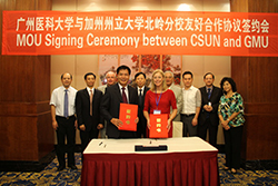 Three Friendship MOUs were signed and renewed with existing partner universities Nanjing University of Science and Technology, Nanjing Hohai University and Guangzhou Medical University. President Harrison is pictured above with a representative from Guangzhou Medical University at the MOU signing ceremony between the universities.