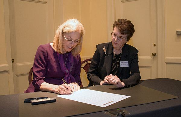 CSUN President Dianne F. Harrison sits with  Dean and Chief Executive Officer of Southwestern Law School Susan Westerberg Prager.