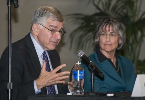 Michael Dukakis (left) and Linda Lingle shared their perspectives on public service during a special presentation at CSUN. Photo by Lee Choo.