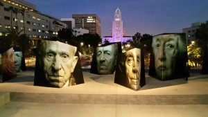 24 sculpture images of Armenian Genocide survivors stand at Los Angeles Grand Central Park. Photo by Levon Yotnakhparian