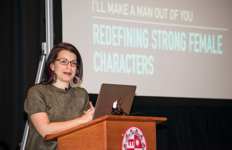 CSUN alumna and prominent media critic Anita Sarkeesian ’07 (Communication Studies) speaks about portrayals of women in film, television, video games and other popular culture, March 9, 2016 at the Northridge Center at the University Student Union. Photo by Lee Choo.