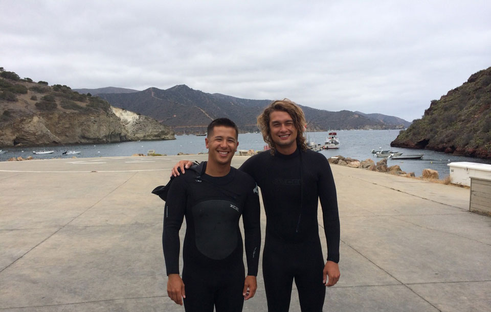 (L-R) CSUN marine biology graduate students J.R. Clark and Parker House at work at the Wrigley Marine Science Center on Catalina Island.