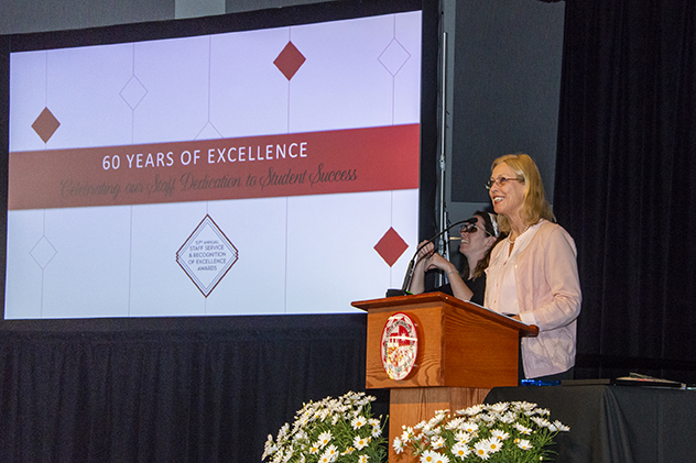 CSUN President Dianne F. Harrison welcomed staff to the 53rd annual Staff Service Awards ceremony. Photo by David J. Hawkins.