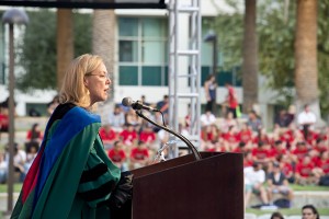 Color image of President Dianne F. Harrison addressing the 2015 Freshman class at CSUN. Photo by David J. Hawkins. 