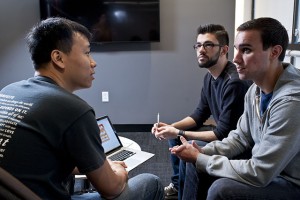Left to right, CSUN engineering professor Bingbing Li sits with University Innovation Fellows Arman Aivazian and Alec Le Doux in the META+LAB. Photo by David J. Hawkins