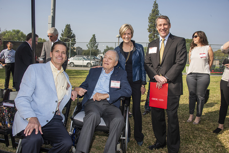 From left, Greg Easton, James L. Easton, Phyllis Easton, and Robert Gunsalus, CSUN's vice president for university advancement, at the ... The Easton family, though the Easton Foundations, have given CSUN $1.5 million for the creation of an endowment for faculty in CSUN’s College of Engineering and Computer Science. Money from the gift also will be used to bolster resources for the Olympic-style sport of archery on campus. Photo by Lee Choo.