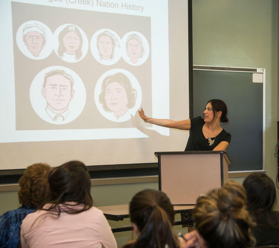 Emily Bowen Cohen, a graphic novelist working on a comic book about her Jewish and Native American roots, spoke as guest lecturer in Beth Cohen's religious studies class, April 28, 2015, in Sierra Hall. Photo by Lee Choo.