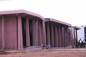 The west wing and front columns of the Oviatt Library are partially collapsed, after the 1994 earthquake.