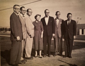 Some of the college's founding faculty, from left, Al Meininger, Maurice Dance, Rodney Luther, Dorothea Extence, Donald Raun, Reuben Krolick and Seymour S. Phillips. Photo courtesy of CSUN's archives.