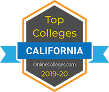 A badge that reads "Top Colleges, California, OnlineColleges.com, 2019-20."