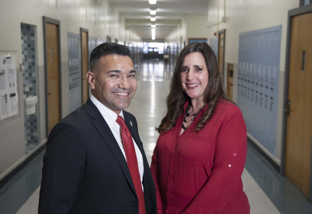 CSUN alumni and LAUSD administrators Gonsalo Garay and Patrizia Puccio meet up for a "memory lane" tour at their other alma mater, Reseda High School, in March 2017. Photo by Lee Choo.