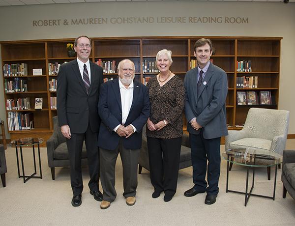 From left: Library Dean Mark Stover, Robert Gohstand, Maureen Gohstand and English professor Charles Hatfield. 