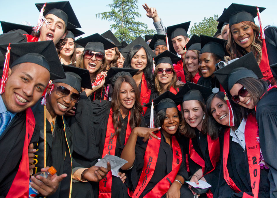 Celebratory students at a past California State University, Northridge commencement ceremony. Photo by Lee Choo.