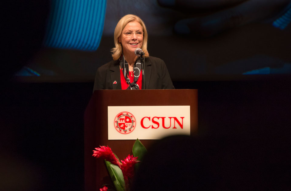 CSUN President Dianne F. Harrison greets new staff and welcomes thousands of returning staff in her annual fall welcome-back address, Aug. 20, 2015. Photo by Lee Choo.