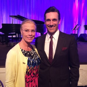 CSUN President Dianne F. Harrison and actor Jon  Hamm at the Hollywood Foreign Press Association's dinner earlier this month. Photo courtesy of Dianne F. Harrison.
