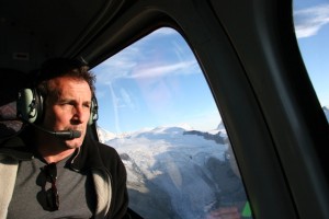 Michael Kelem in a helicopter, shooting for the "Mountains" episode for BBC's "Planet Earth."