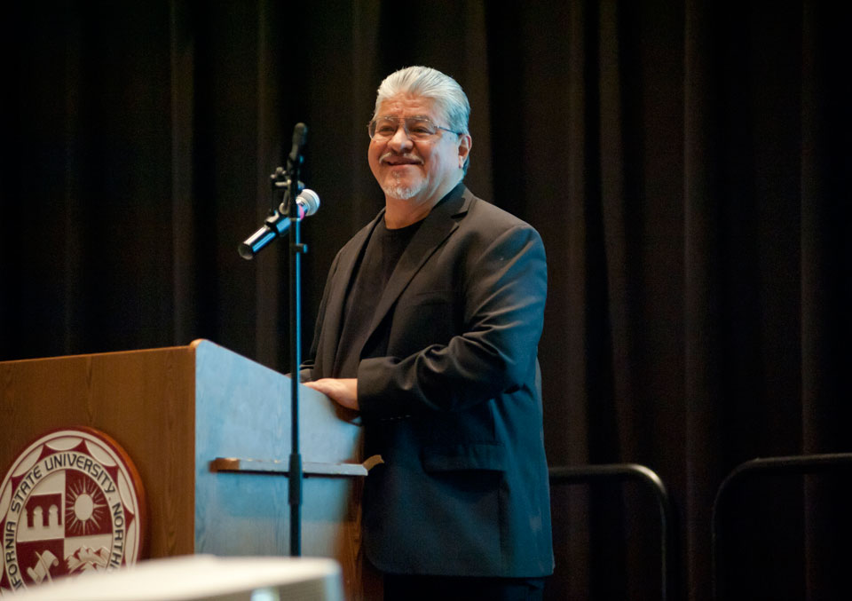 Luis J. Rodriguez speaks to CSUN students, faculty and staff at a May 2015 event honoring his appointment as Los Angeles Poet Laureate. Photo by David J. Hawkins.