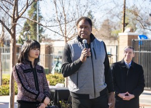 Jean Lee, Executive Director of the MLB-MLBPA Youth Development Foundation, left, Baseball great Dave Winfield and CSUN Vice President for University Advancement Robert Gunsalus at an event announcing the gift. Photo by David J. Hawkings