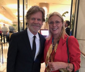 CSUN President Dianne F. Harrison with actor William H. Macy, who served as host of the Hollywood Foreign Press Association's annual grants banquet, where CSUN was award $60,000 to support film students. Photo courtesy of Dianne F. Harrison.
