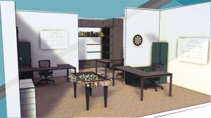 Illustration of a concept interior design for a "Man Cave" at the Jenesse Center, created by an interior design student. Illustration provided by Anu Thakur. 