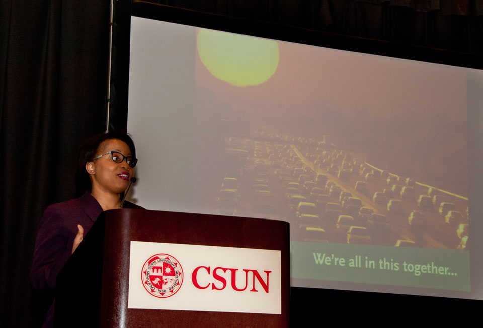 Stephanie Wiggins, Metro deputy chief executive officer, speaks about Metro transit's proposed November ballot measure to fund major area transit projects, at a community forum on May 16, 2016 at CSUN's University Student Union. Photo by David J. Hawkins.