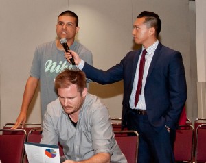 A CSUN student asks about future transit options between campus and the Antelope Valley, while Max Reyes, CSUN assistant director of government and community relations, holds the microphone, during a community forum on May 16, 2016 at the University Student Union. Photo by David J. Hawkins.