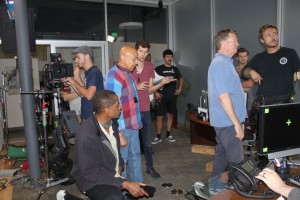 Nate Thomas, in the plaid shirt, and Tim Russ, lower left corner, on the set with a team of CSUN students and industry professionals. Photo courtesy of Nate Thomas.
