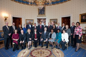 President Barack Obama poses with Presidential Awards for Excellence in Mathematics and Science Teaching winners in the Blue Room of the White House Jan. 6, 2010. CSUN’s Steven Oppenheimer is sitting in the first row, second from the left. (Official White House Photo by Samantha Appleton)