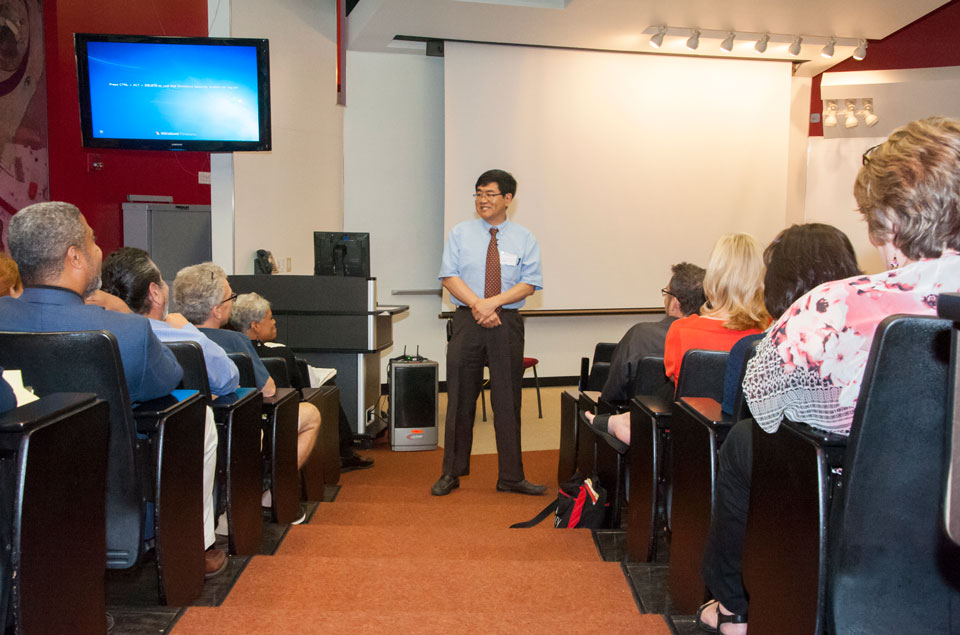New Provost and Vice President of Academic Affairs Yi Li, who joined CSUN in July 2015, met with university leaders at  the department chairs and deans retreat, Aug. 17, 2015. Photo by Luis Garcia.