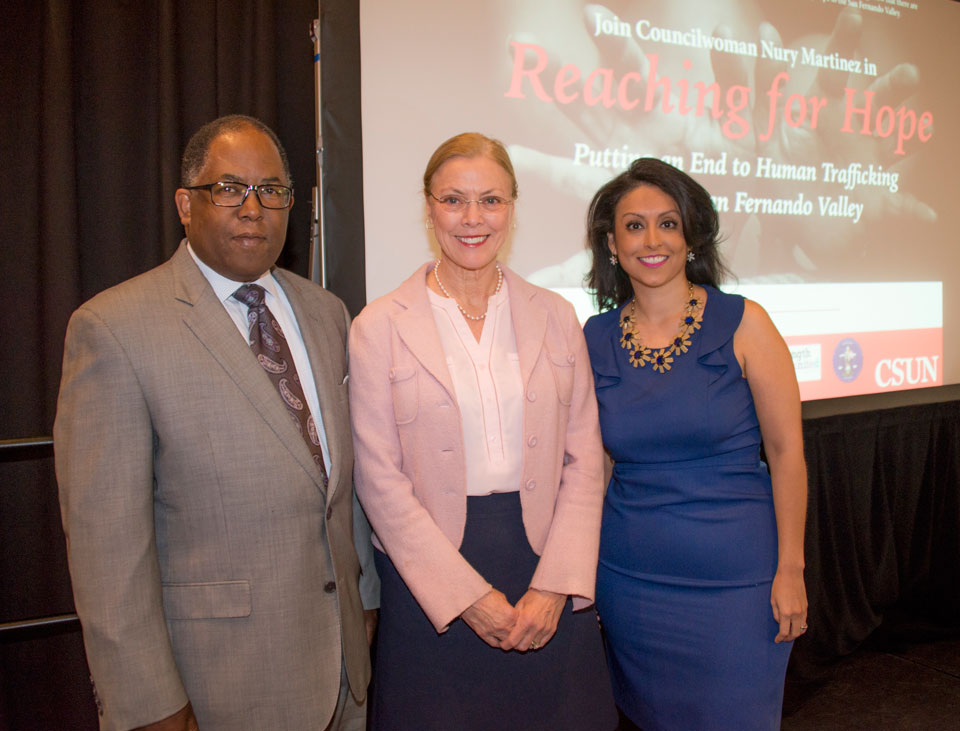 (L-R) Los Angeles County Supervisor Mark Ridley-Thomas, CSUN President Dianne F. Harrison and Los Angeles City Councilwoman Nury Martinez participate in the summit, “Reaching for Hope: Putting an End to Human Trafficking,” on Jan. 28 in the Northridge Center of the University Student Union. Photo by Lee Choo.