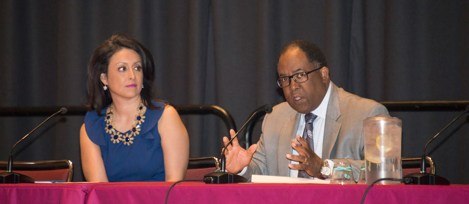 Los Angeles City Councilwoman Nury Martinez (left) and Los Angeles County Supervisor Mark Ridley-Thomas participate in a panel discussion at “Reaching for Hope: Putting an End to Human Trafficking,” on Jan. 28 in the Northridge Center of the University Student Union. Martinez partnered with CSUN’s Strength United to host and organize the summit. Photo by Lee Choo.