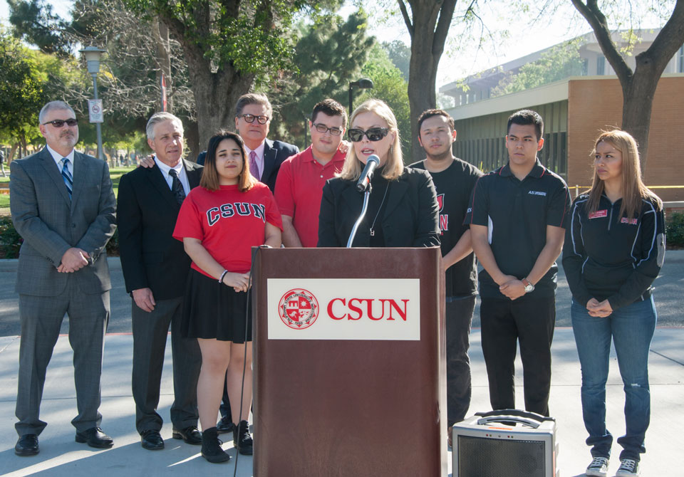 CSUN President Dianne F. Harrison speaks Feb. 29, 2016, about the transportation challenges facing students, faculty and staff. Photo by Luis Garcia.