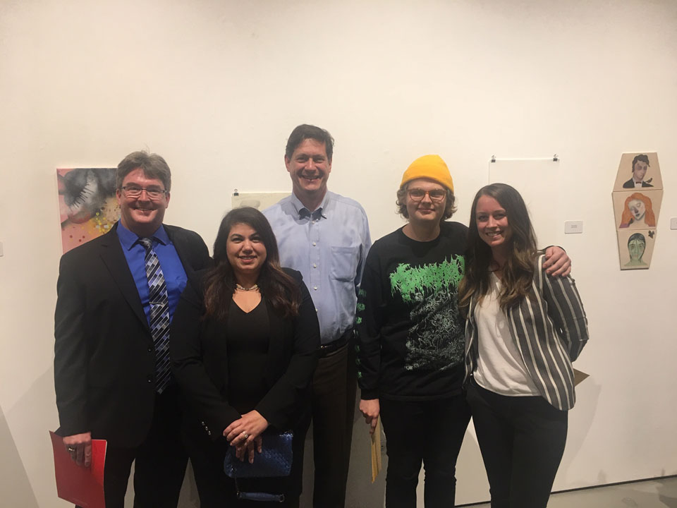 Dean Dan Hosken (left), Virginia Orndorff(left-center), Chris Orndorff (center). Oliver Mayhall, first place winner of the $5,000 scholarship. Stacey Alexander (far right), is the third place winner of $1,000. Second place winner, Michael Castaneda, (not pictured) received a $2,000 scholarship. 
