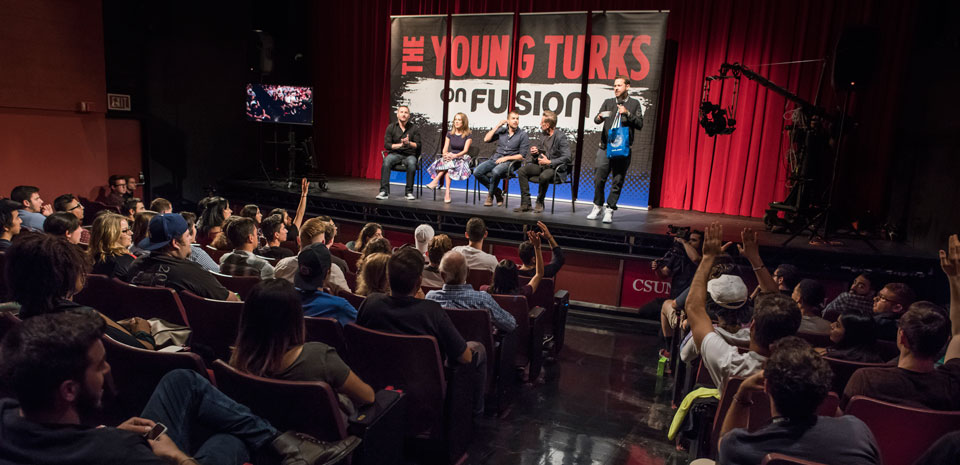 "The Young Turks on Fusion" features (from left) John Iadarola, CSUN alumna Ana Kasparian, Fusion host Nando Villa, producer and former Daily Show contributor and commentator Brian Unger, and emcee Brett Erlich in a live broadcast from the Little Theatre in Nordhoff Hall, Nov. 9, 2016. Photo by Lee Choo.