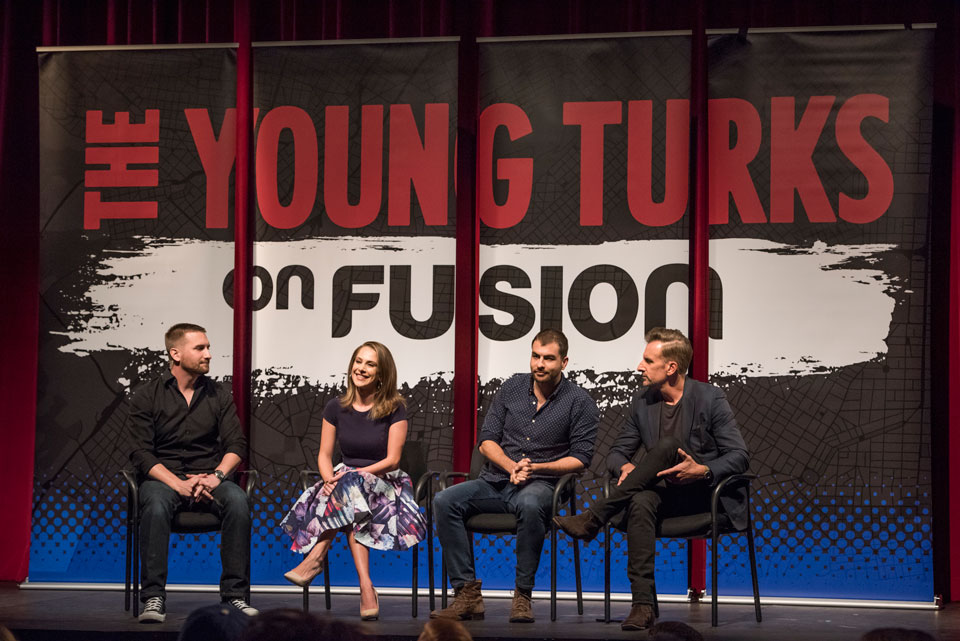 "The Young Turks on Fusion" (from left) features John Iadarola, CSUN alumna Ana Kasparian, Fusion host Nando Villa and producer and former Daily Show contributor and commentator Brian Unger, in a live broadcast from the Little Theatre in Nordhoff Hall, Nov. 9, 2016. Photo by Lee Choo.