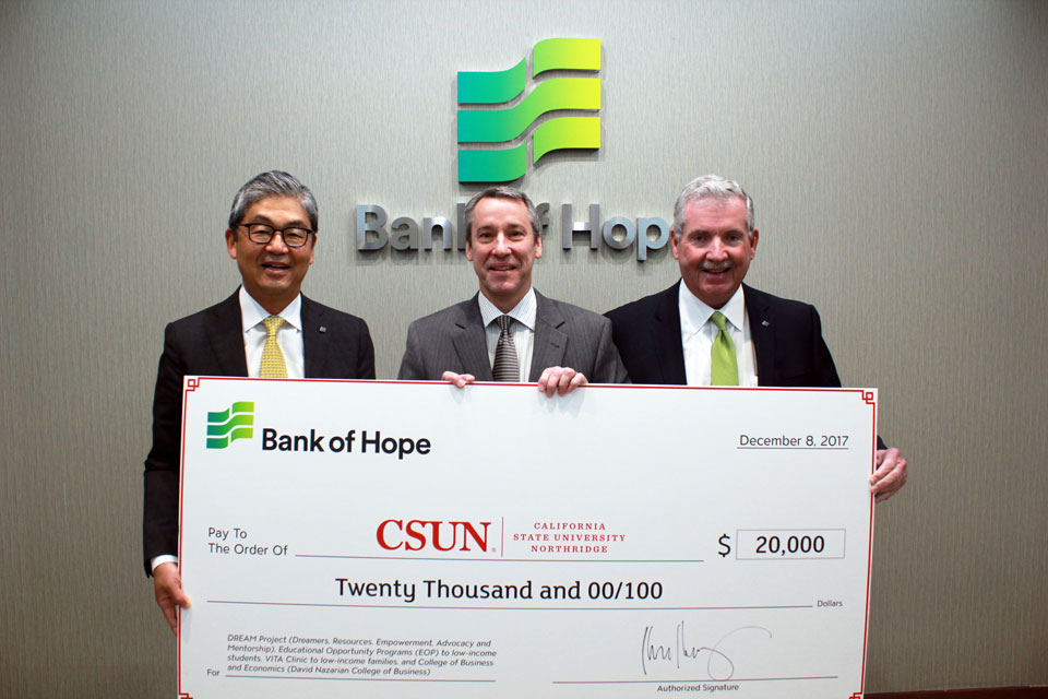 From left, Kevin Kim, president and CEO of Bank of Hope; Robert Gunsalus, CSUN's vice president for university advancement and president of the CSUN Foundation; and David Malone, CSUN Foundation board member and chief operating officer of Bank of Hope.