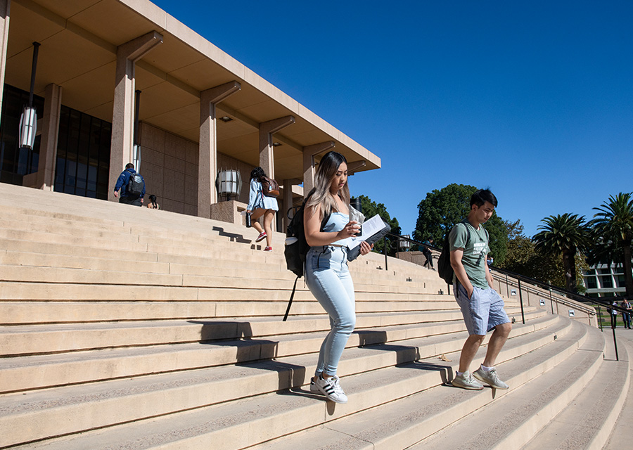 Students walk down the library steps.