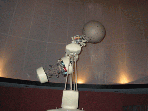 The projector in the center of the Donald E. Bianchi Planetarium simulates the current night sky for visitors of this semester's planetarium shows. Photo courtesy of Jan Dobias.
