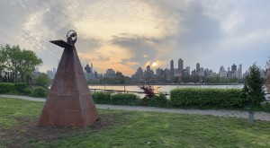 Tzolk'in, 2018. Steel, motor, battery, timer, solar panel, acrylic, and lacquer marker. 132 x 64.5 x 64.5 inches. Installation view at Socrates Sculpture Park, New York. Courtesy of the artist, Clockshop, and Commonwealth and Council, Los Angeles. Photo: Scott Lynch. 