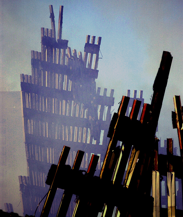 An artistic photo of the wreckage of the World Trade Center following the 9/11 terrorist attacks. 