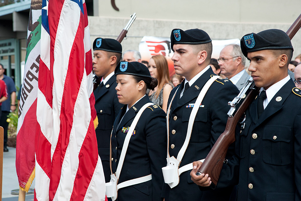 Members of the UCLA and CSUN Army ROTC standing in a line at the opening of the CSUN Veterans Resource Center ceremony