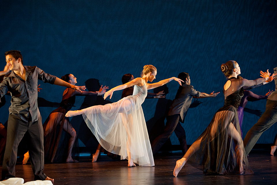 Five students performing “All the Mornings,” a contemporary-style dance. Shown on stage from left: Jesse Ricaldi, Ani Kehishyan, Arianna Douglas, Christian Vidaure and Cheyenne Spencer.