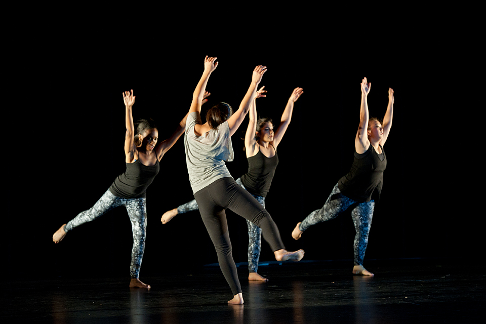 Four students performing a dance called “3:1.” Shown on stage from left: Dayna Charlot, Patricia Hernandez, Alexsandra Papoban and Chikage Kuboki.