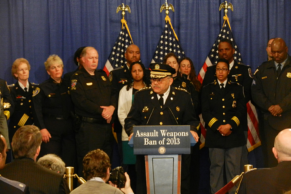 CSUN Chief of Police Anne P. Glavin (second from the left) standing with a broad coalition of law enforcement officials and others at a press conference called by Democratic Sen. Dianne Feinstein to reintroduce legislation to ban assault weapons. At the podium, Charles H. Ramsey (center), Police Commissioner of the Philadelphia Police Department, spoke for Major City Chief and International Association of Chiefs of Police.