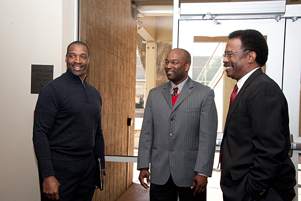 Retired NFL player Michael Stewart, student outreach and recruitment director Dwayne Cantrell, and CSUN vice president of student affairs William Watkins.
