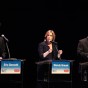 City Councilman Eric Garcetti, City Controller Wendy Greuel, attorney and radio talk show host Kevin James behind podiums on stage.