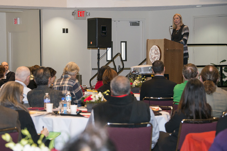 President Dianne F. Harrison speaks at the Faculty Retreat.