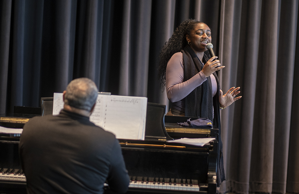 Jazz singer Samara Joy, accompanied by pianist Shedrick Mitchell, sings for Mike Curb College students at The Soraya.